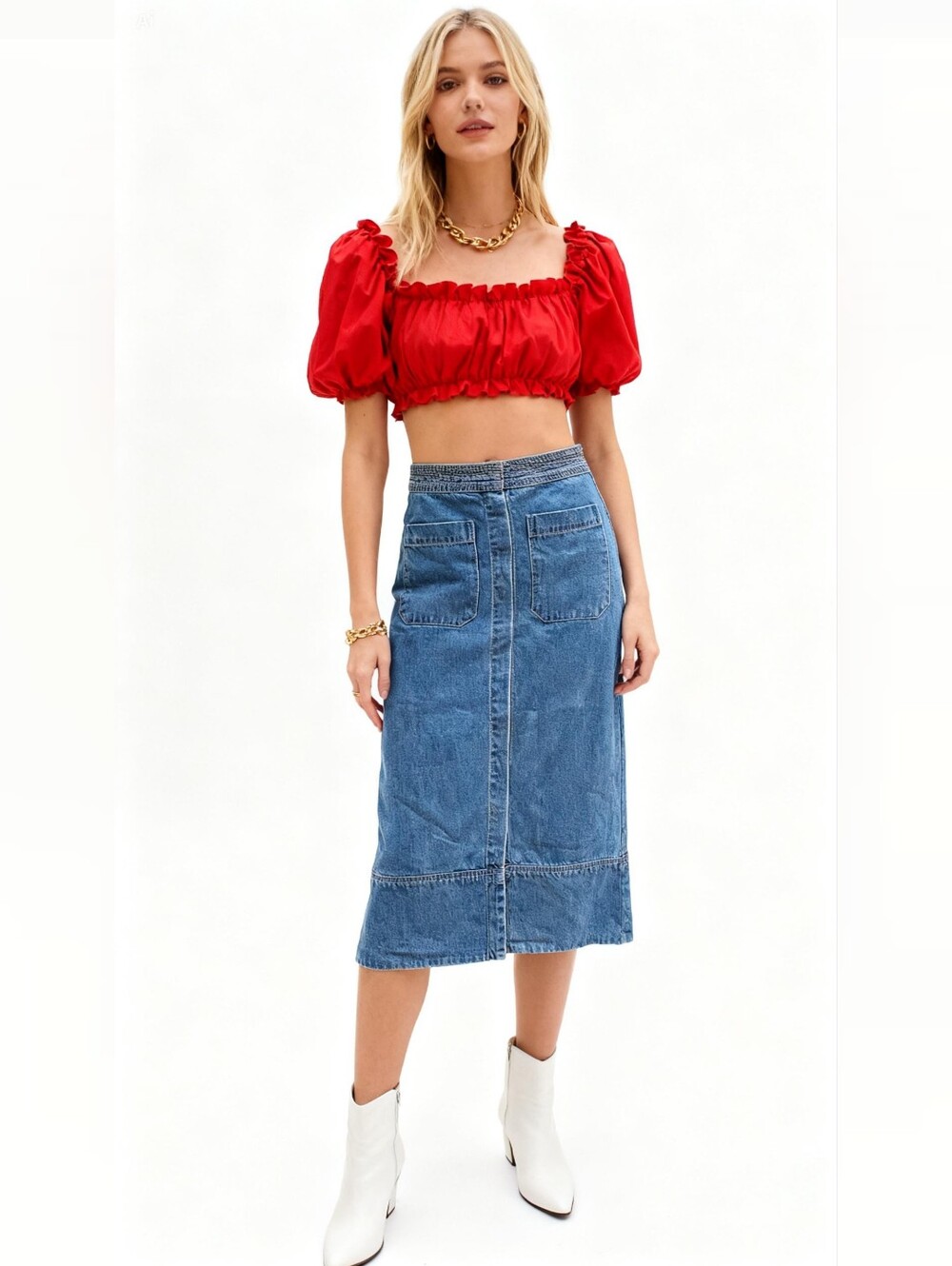 Free People Denim Button Front Midi Skirt Size 10